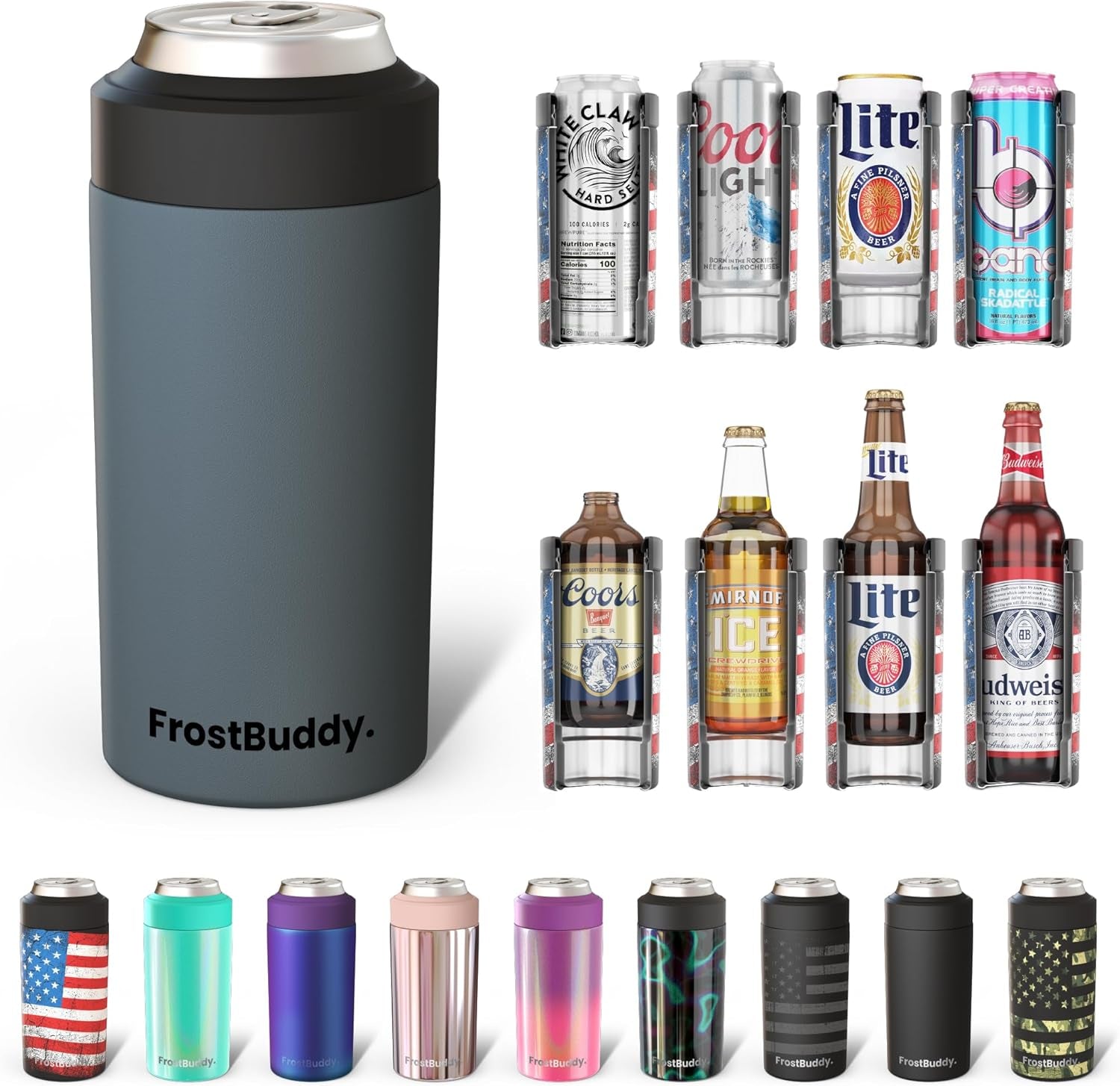 Universal Buddy Can Cooler - Fits All - for Regular 12 & 16 Oz or Slim-Size Bottles - Insulated Double-Walled Stainless Steel (Charcoal)