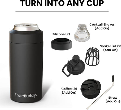 Universal Buddy Can Cooler - Fits All - for Regular 12 & 16 Oz or Slim-Size Bottles - Insulated Double-Walled Stainless Steel (Charcoal)